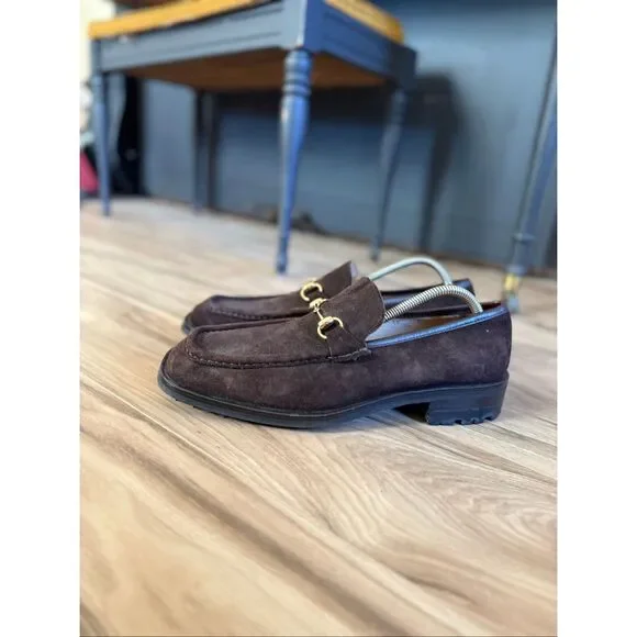 Gucci Mens Dark Brown Chocolate Suede Gold Horse-bit Buckle Loafers Size 10 - Picture 10 of 14